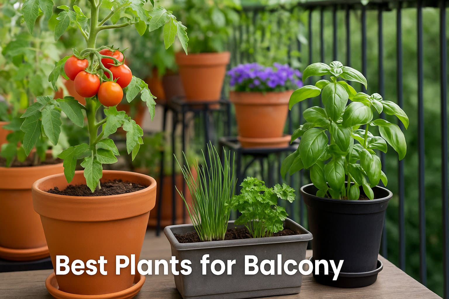 Urban Plant photo showing best plants for balcony gardening like tomatoes, basil, parsley, and flowers in terracotta pots — perfect balcony plants guide